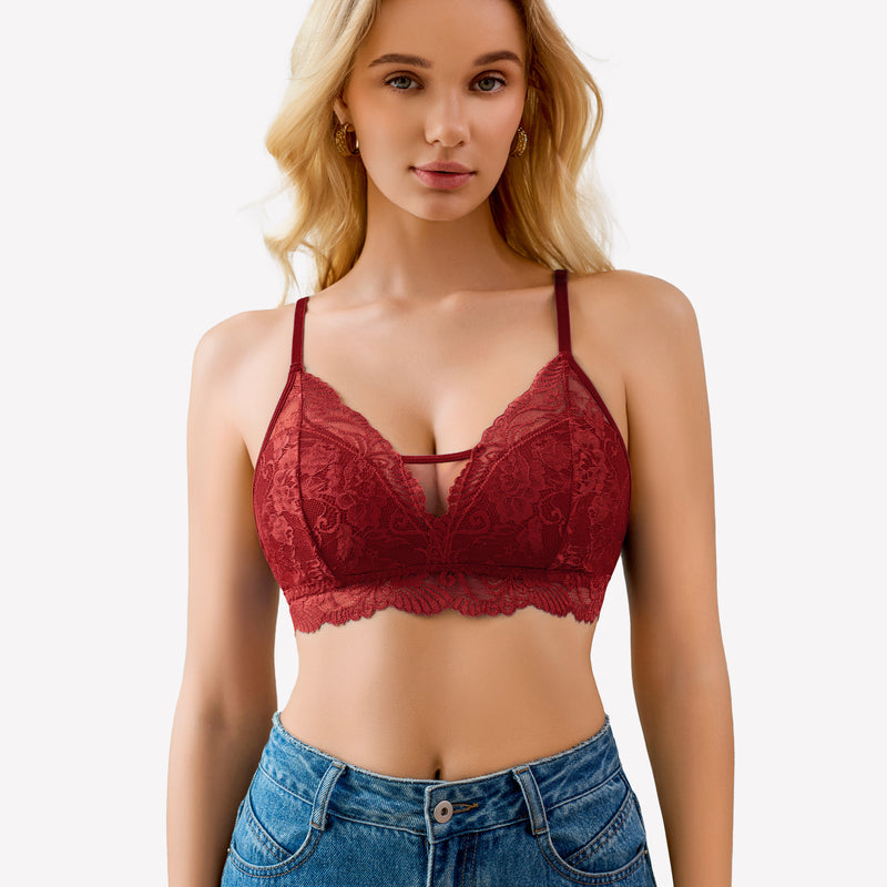 Burgundy lace bralette with floral design, no underwire, paired with blue jeans.