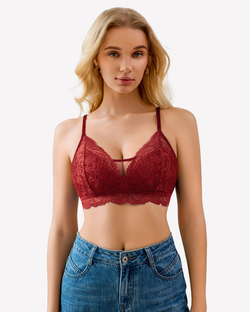 Burgundy lace bralette with floral design, no underwire, paired with blue jeans.