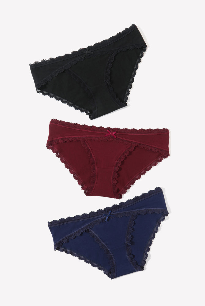 Cotton hipster panties with lace trim in black, burgundy, and navy blue, for women