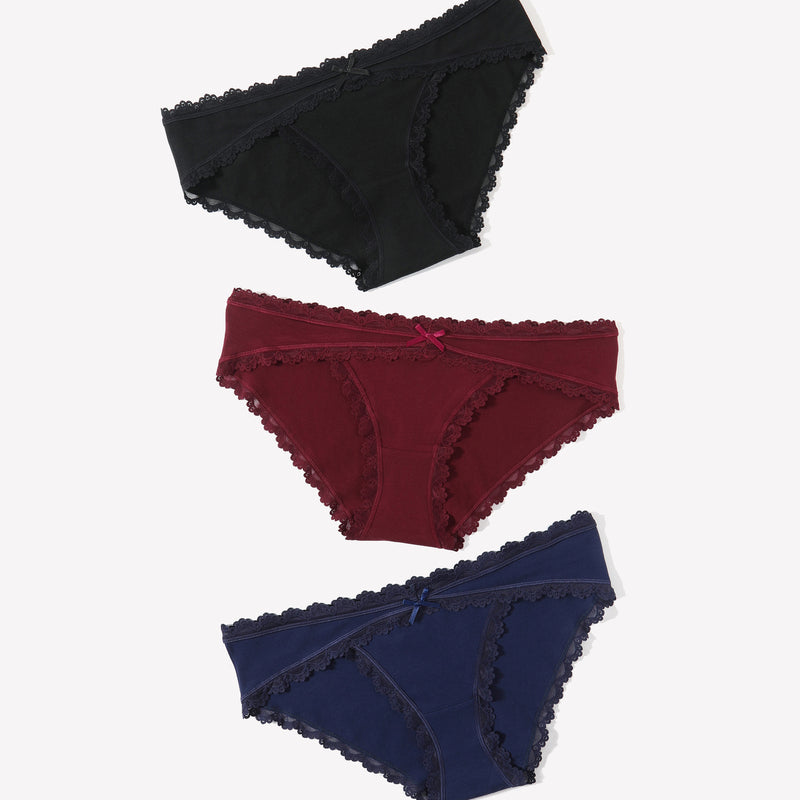 Cotton hipster panties with lace trim in black, burgundy, and navy blue, for women