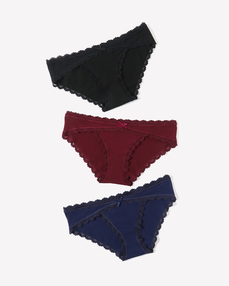 Cotton hipster panties with lace trim in black, burgundy, and navy blue, for women