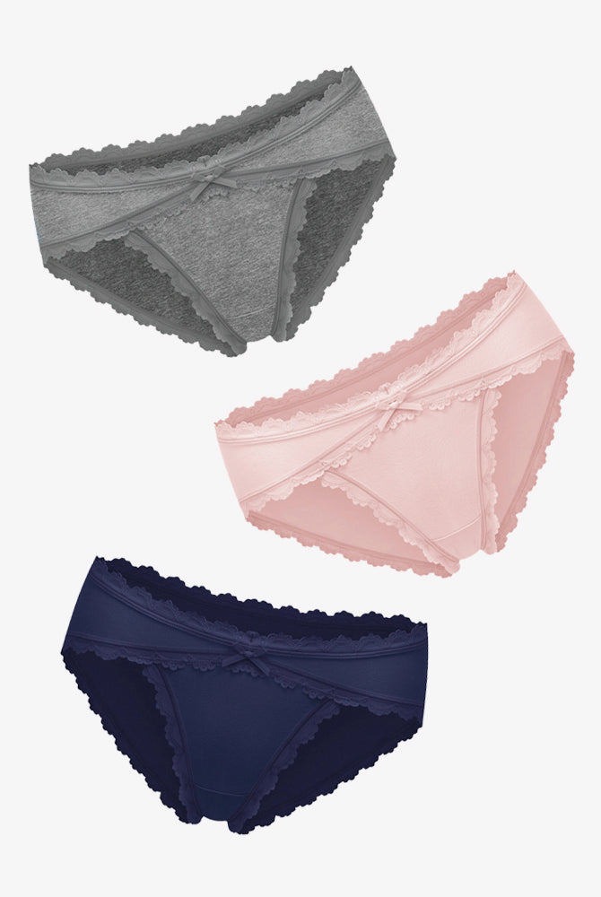 Cotton hipster panties in gray, pink, and navy blue with lace trim and bow detail