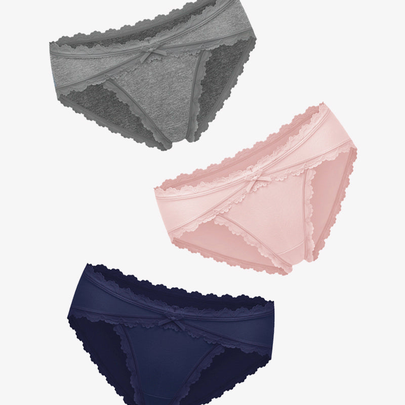 Cotton hipster panties in gray, pink, and navy blue with lace trim and bow detail