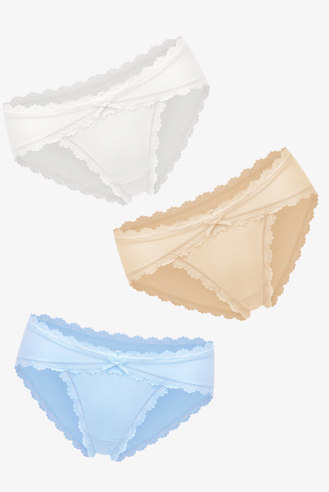 Pastel cotton hipster panties with lace trim and bow detail in white, beige, and blue.