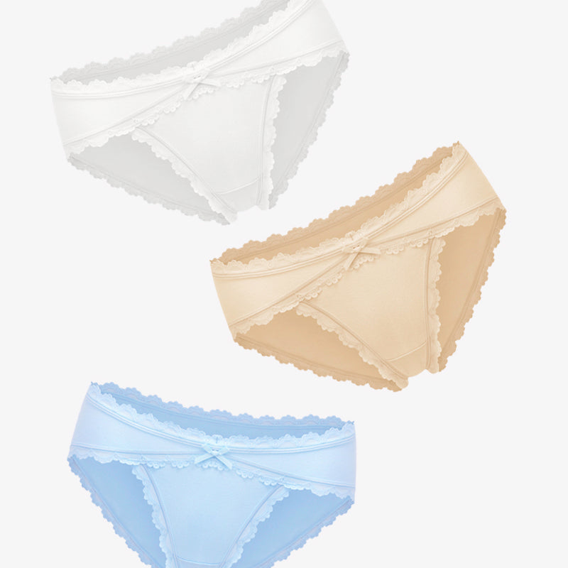 Pastel cotton hipster panties with lace trim and bow detail in white, beige, and blue.