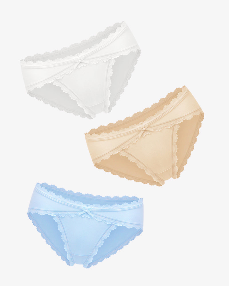 Pastel cotton hipster panties with lace trim and bow detail in white, beige, and blue.