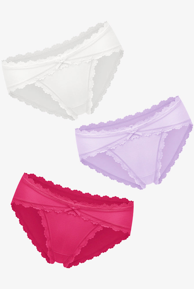 Cotton hipster panties with lace trim in white, lavender, and red, perfect for everyday wear.