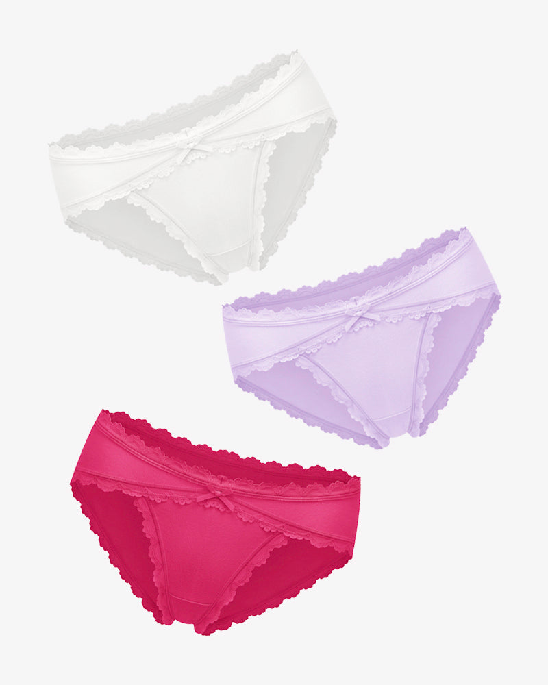 Cotton hipster panties with lace trim in white, lavender, and red, perfect for everyday wear.