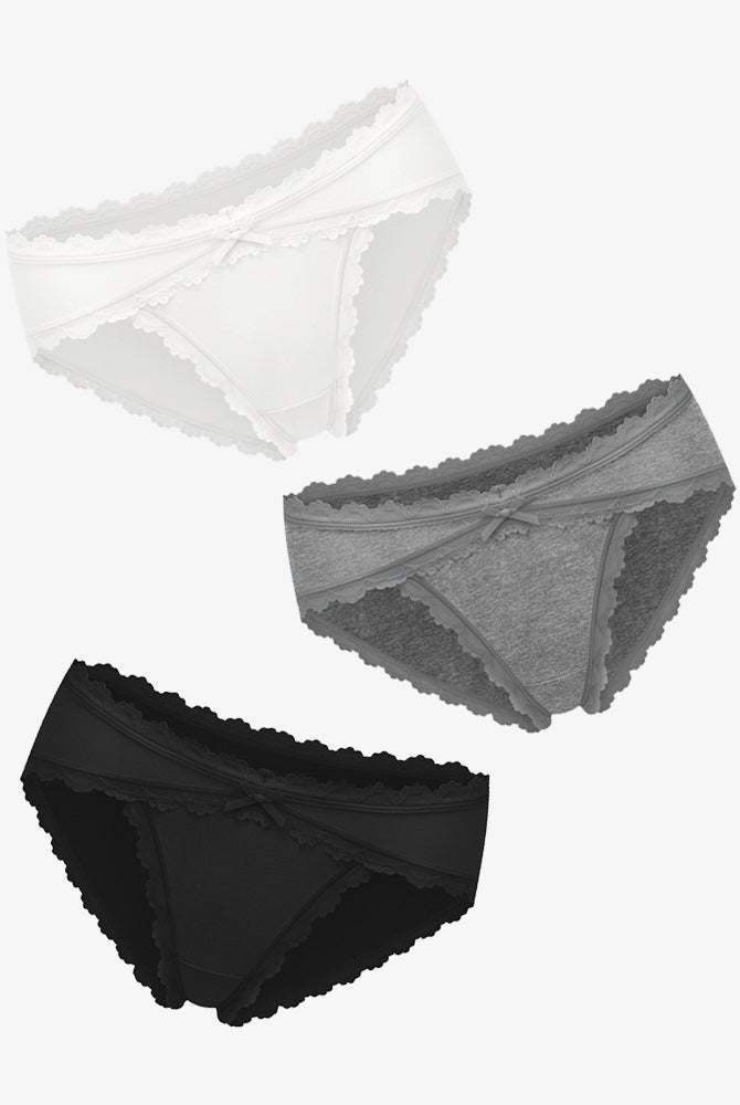 Cotton hipster panties in white, gray, and black with lace trim and bow detail