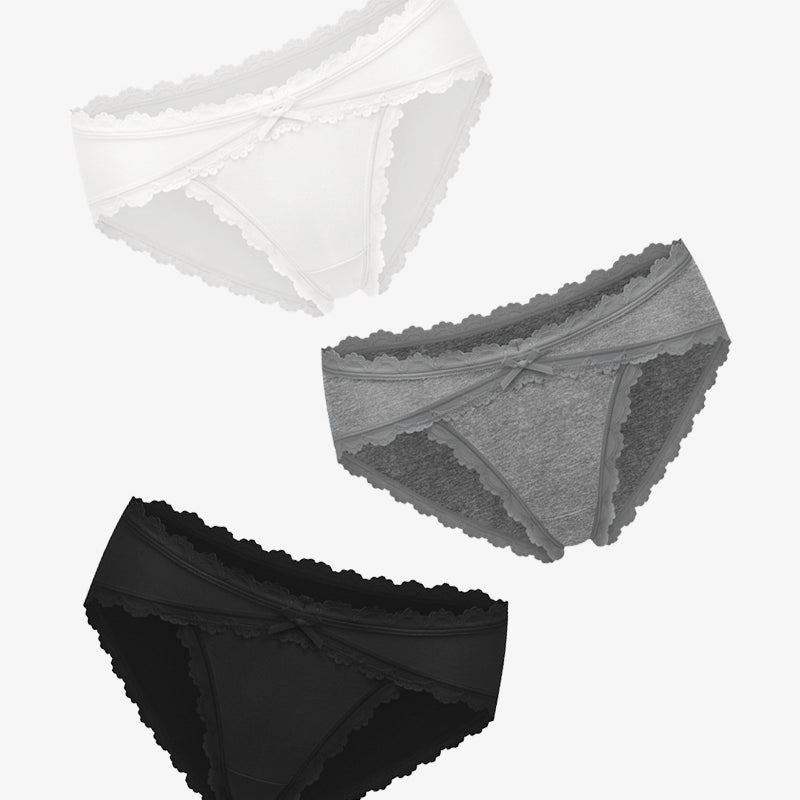 Cotton hipster panties in white, gray, and black with lace trim and bow detail