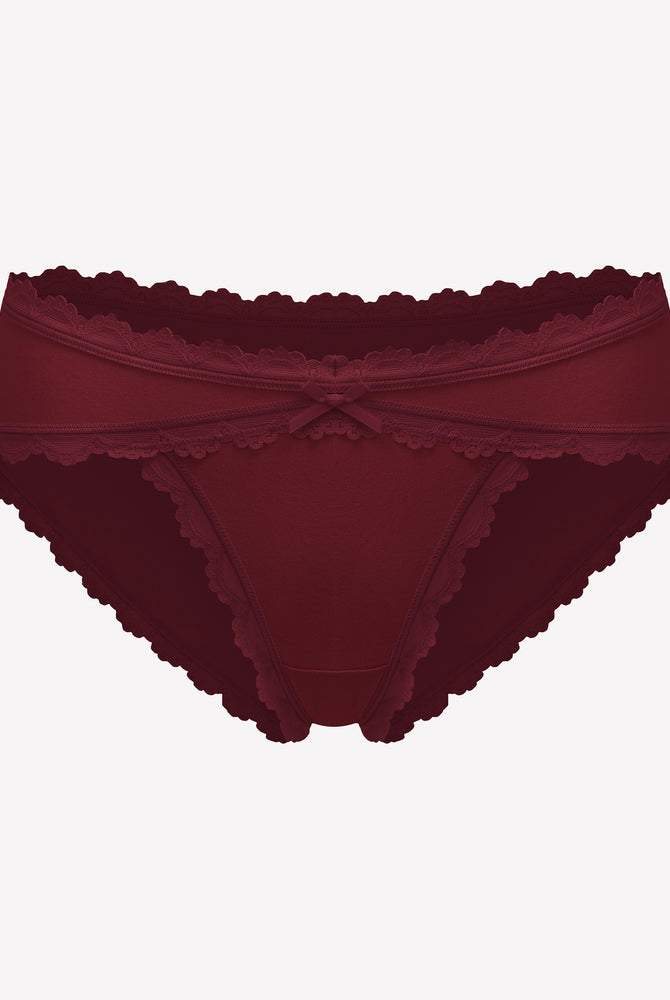 Burgundy cotton hipster panties with lace trim and bow detail, perfect for everyday wear.