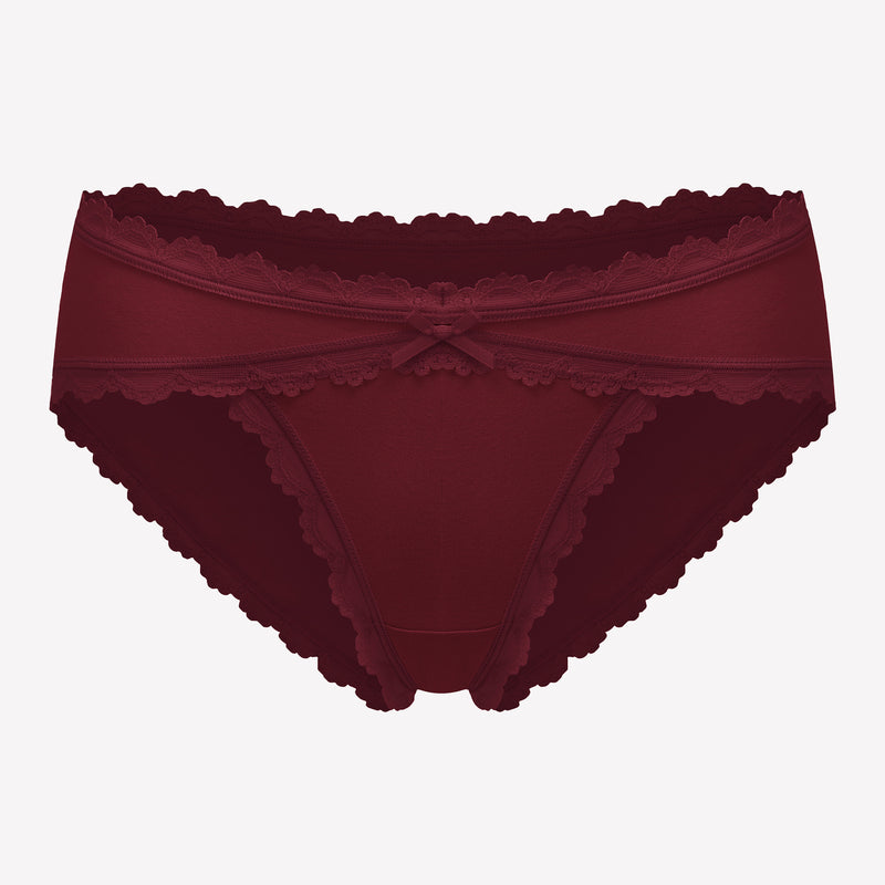 Burgundy cotton hipster panties with lace trim and bow detail, perfect for everyday wear.