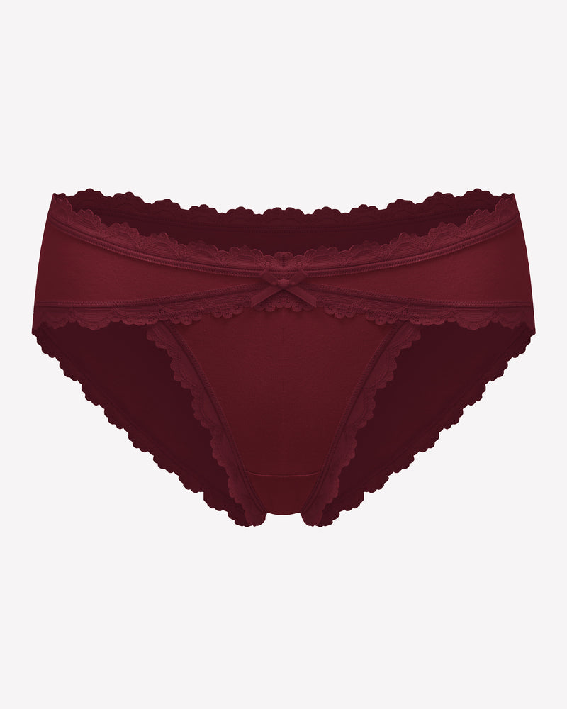 Burgundy cotton hipster panties with lace trim and bow detail, perfect for everyday wear.