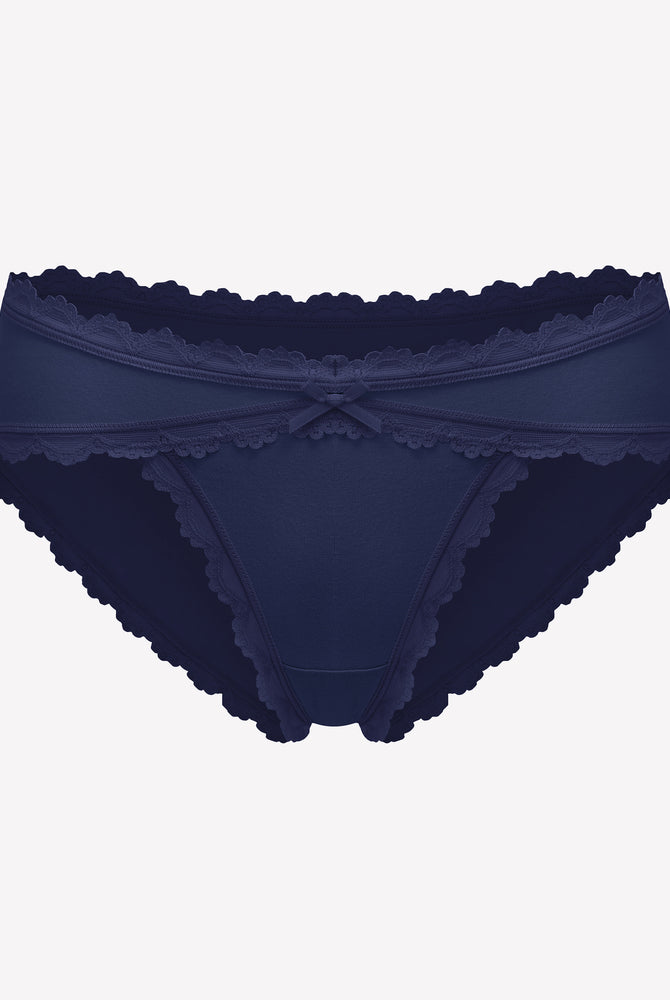 Navy blue cotton hipster panties with lace trim and bow detail, perfect for everyday wear.