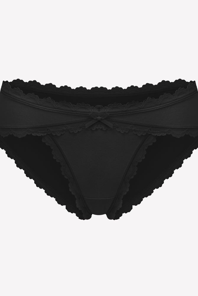 Black cotton hipster panties with lace trim and bow detail, perfect for everyday wear.