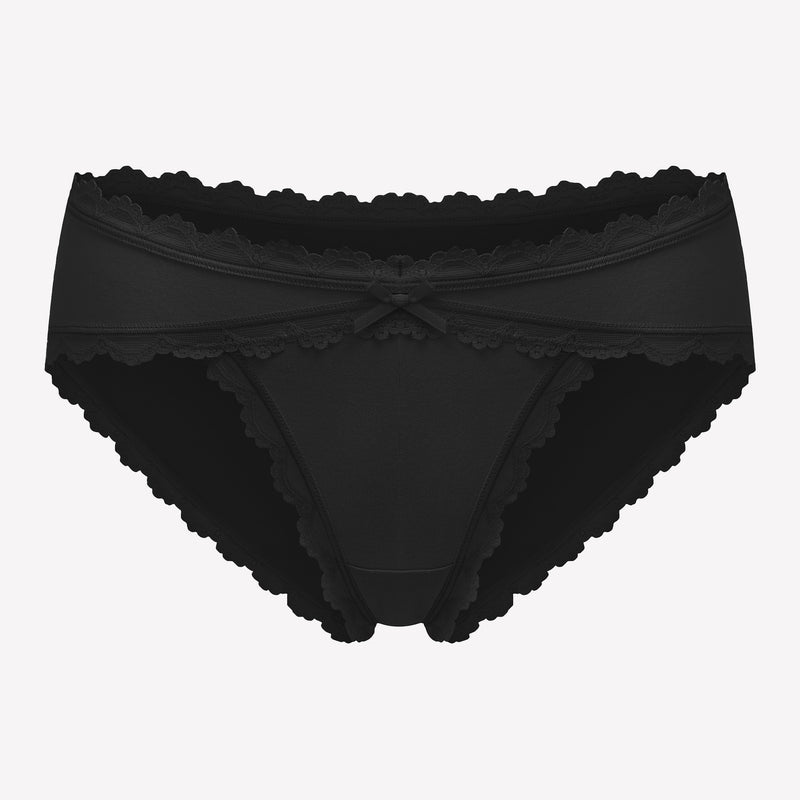 Black cotton hipster panties with lace trim and bow detail, perfect for everyday wear.