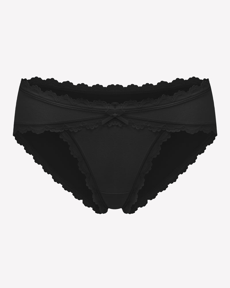 Black cotton hipster panties with lace trim and bow detail, perfect for everyday wear.