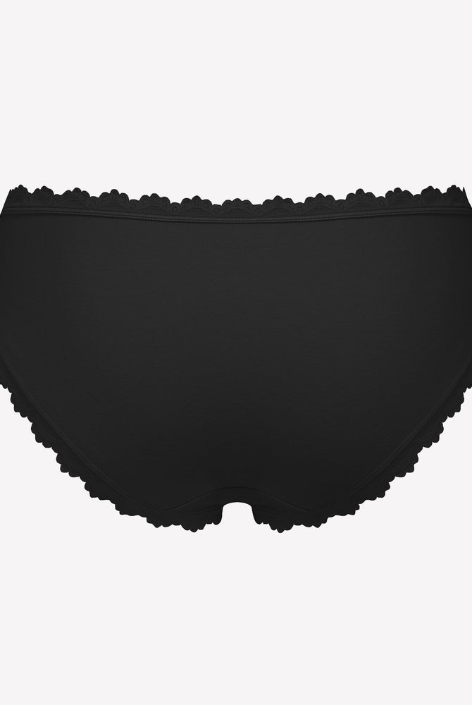 Black cotton hipster panties with lace trim, perfect for everyday wear.