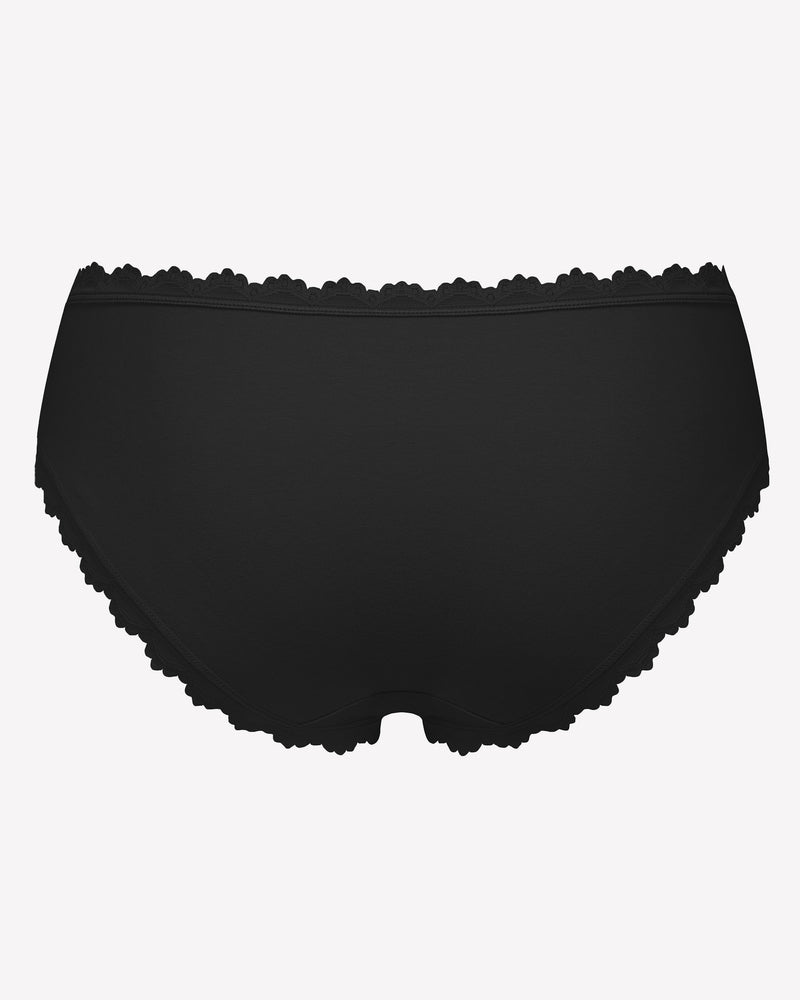 Black cotton hipster panties with lace trim, perfect for everyday wear.