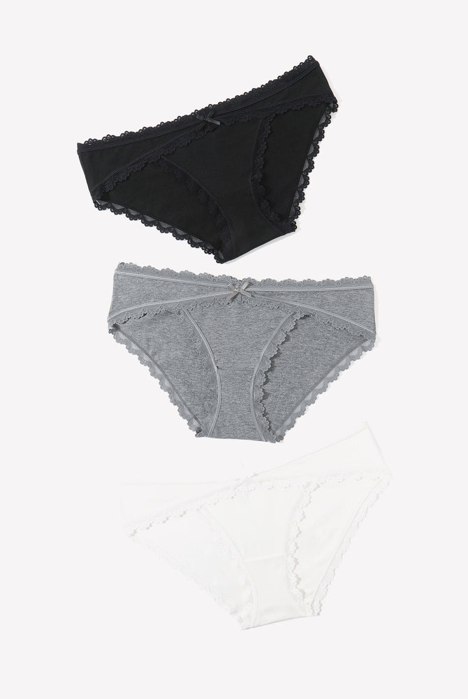 Cotton hipster panties in black, gray, and white with lace trim and bow detail