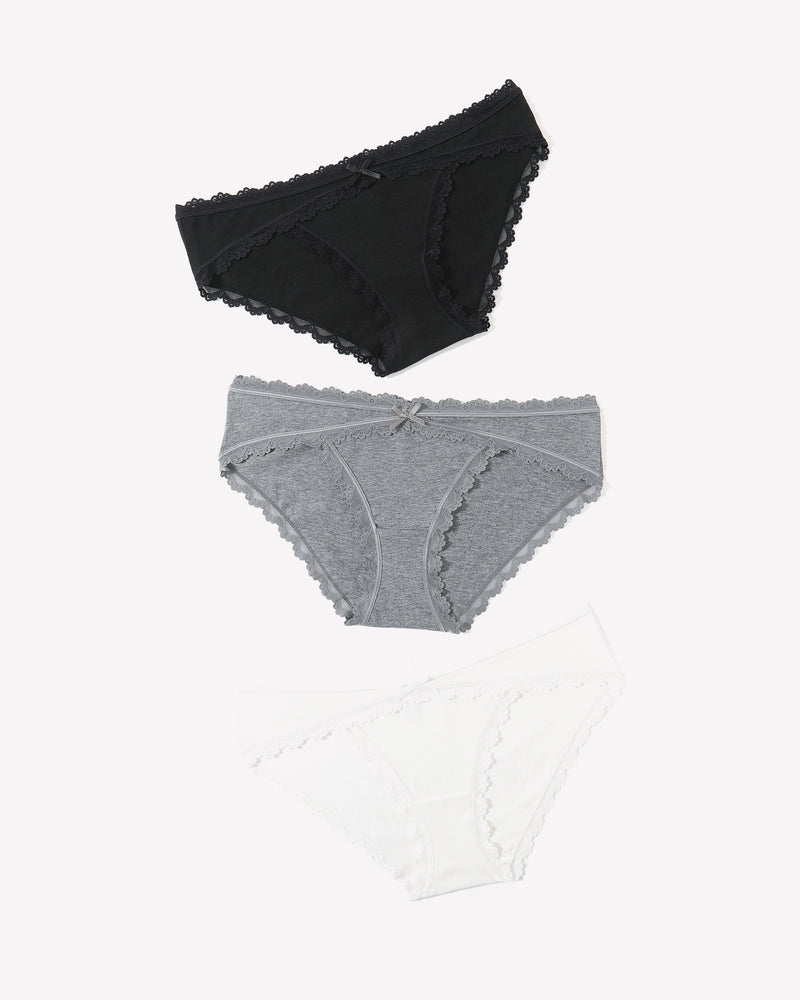Cotton hipster panties in black, gray, and white with lace trim and bow detail