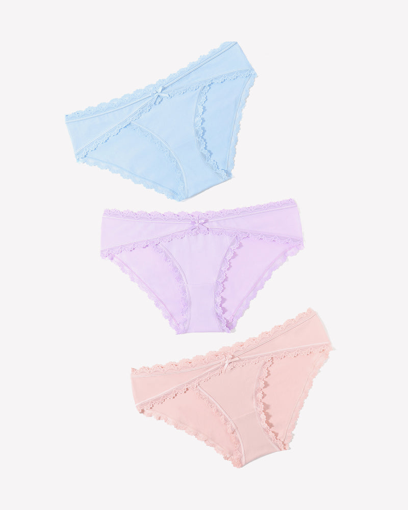 Cotton hipster panties in pastel colors with lace trim and bow detail