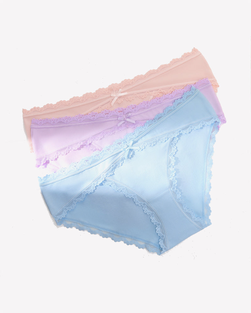 Pastel cotton hipster panties with lace trim and bows for comfortable, everyday wear.