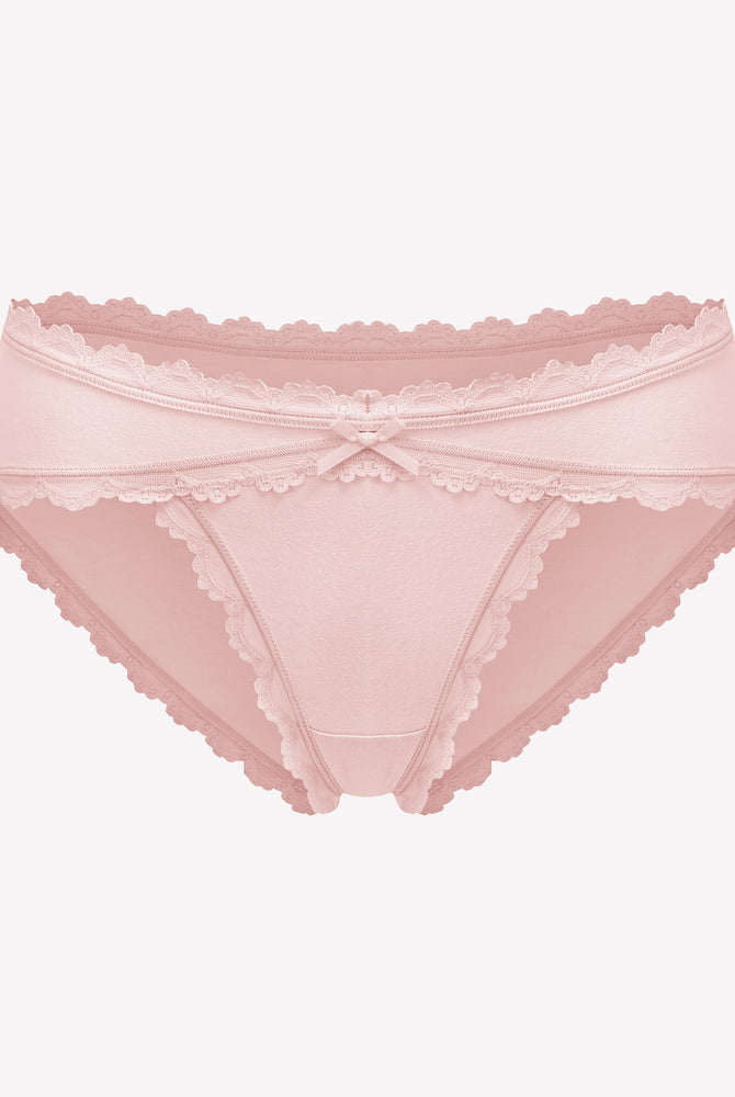 Light pink cotton hipster panties with lace trim and bow detail, perfect for everyday wear.