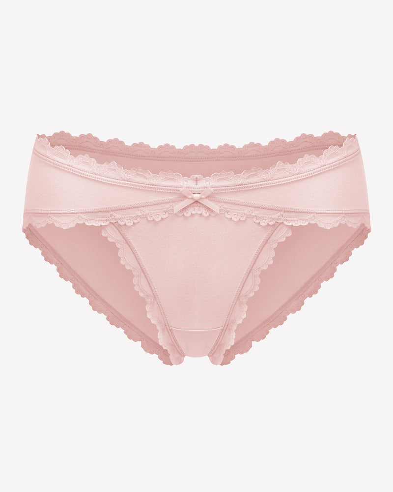 Light pink cotton hipster panties with lace trim and bow detail, perfect for everyday wear.