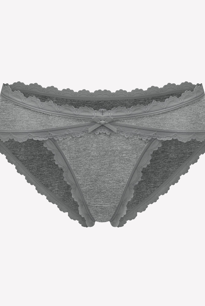 Gray cotton hipster panties with lace trim and bow detail, perfect for everyday wear.