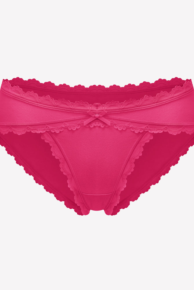 Pink cotton hipster panties with lace trim and bow detail, perfect for everyday wear.
