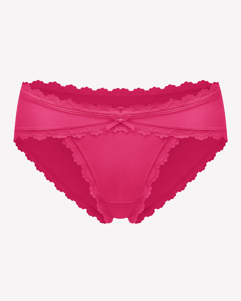 Pink cotton hipster panties with lace trim and bow detail, perfect for everyday wear.