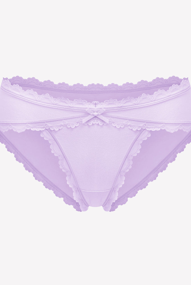 Cotton hipster panties in lavender with lace trim and bow detail for women.