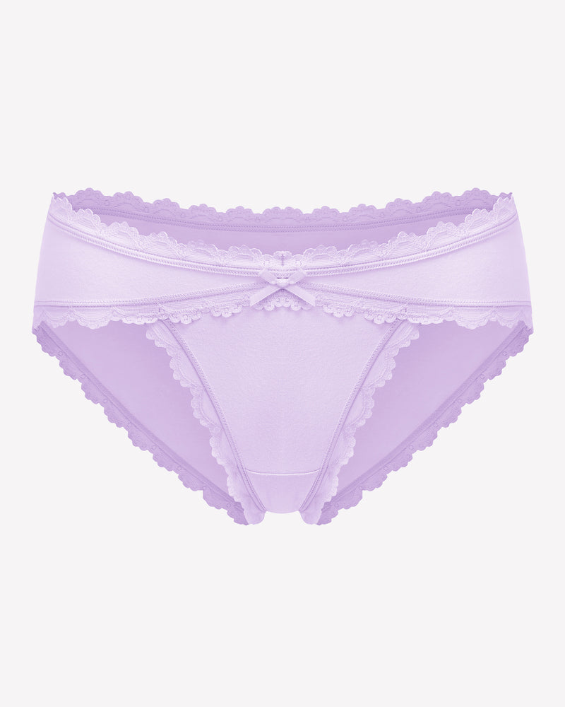 Cotton hipster panties in lavender with lace trim and bow detail for women.