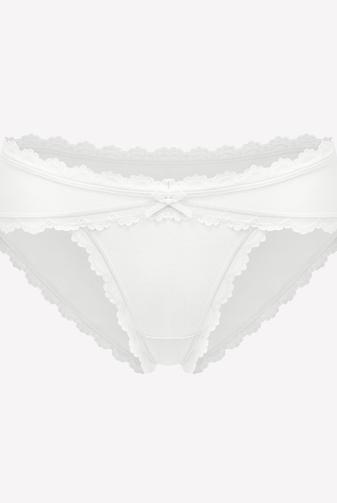 White cotton hipster panties with lace trim and bow detail, perfect for everyday wear.