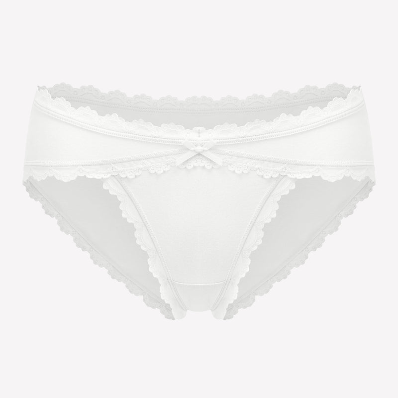 White cotton hipster panties with lace trim and bow detail, perfect for everyday wear.