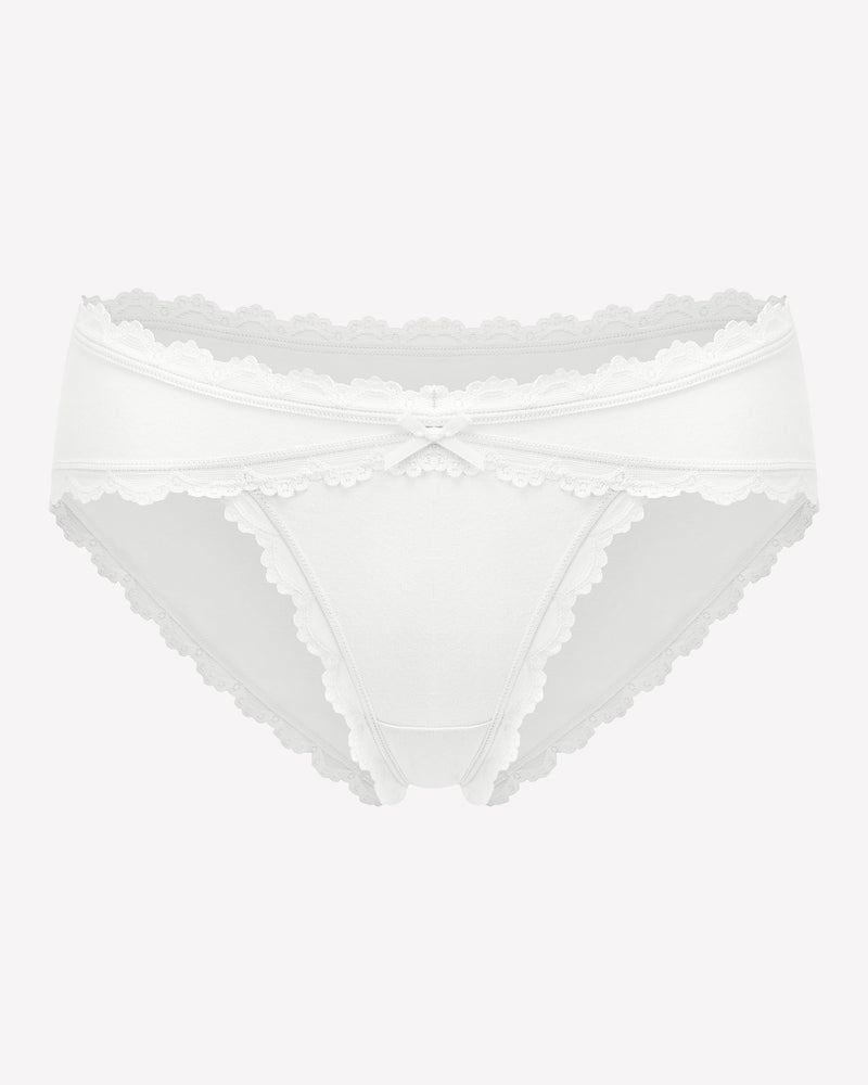 White cotton hipster panties with lace trim and bow detail, perfect for everyday wear.