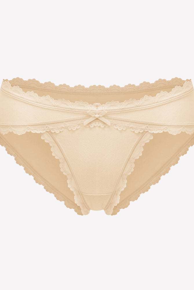 Beige cotton hipster panties with lace trim and bow detail, perfect for everyday wear.