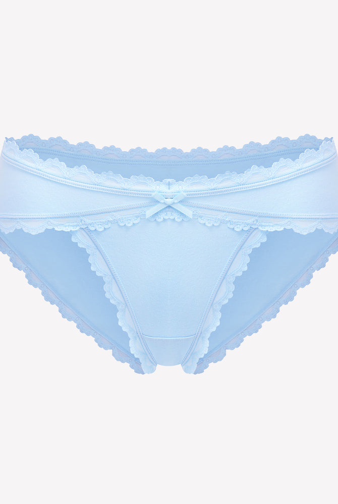 Light blue cotton hipster panties with lace trim and bow detail, perfect for everyday wear.