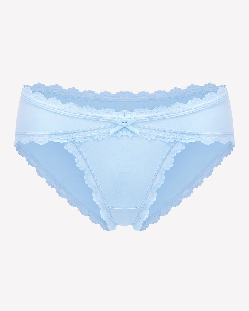 Light blue cotton hipster panties with lace trim and bow detail, perfect for everyday wear.