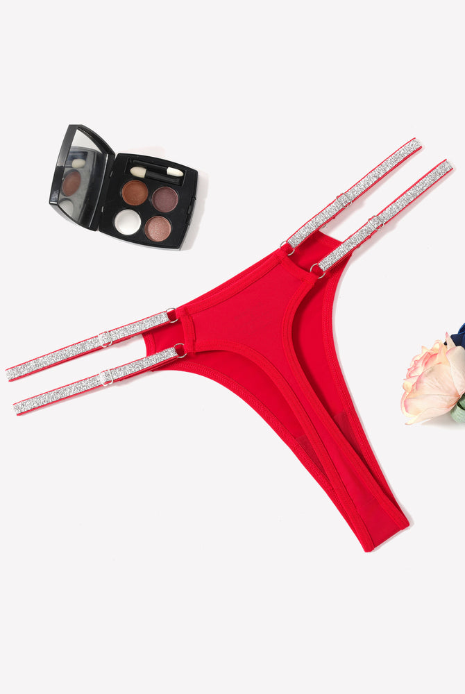 Red low waist Brazilian tanga panty with rhinestone straps, elegant and confident, sexy lingerie