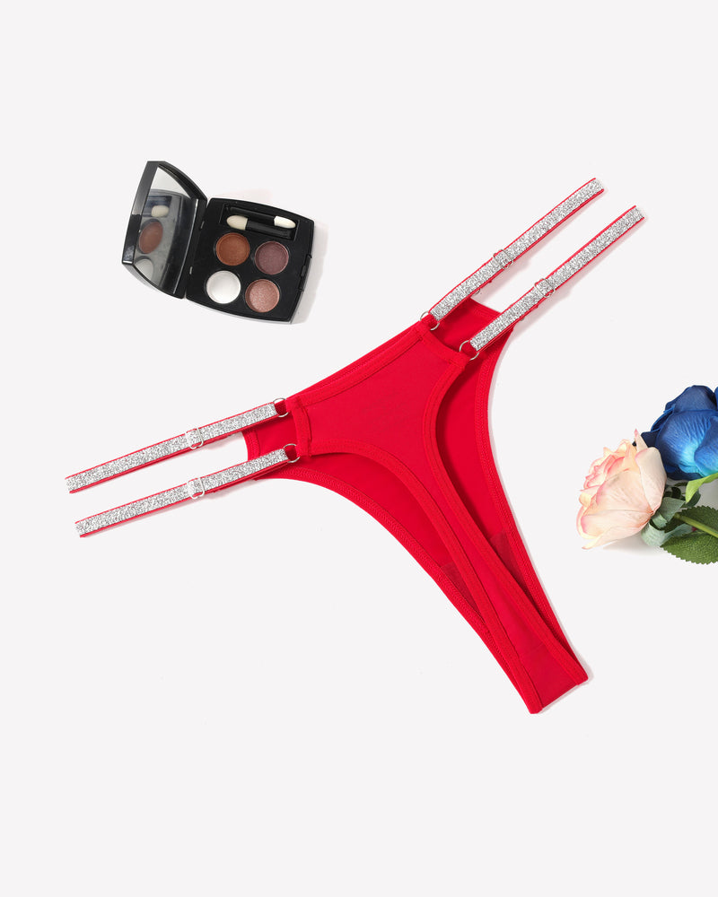 Red low waist Brazilian tanga panty with rhinestone straps, elegant and confident, sexy lingerie