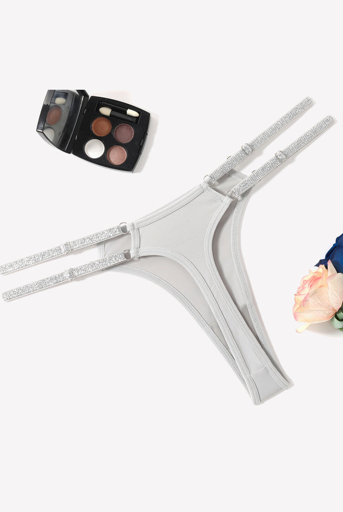 Light gray low waist Brazilian tanga panty with flashing strap details, sexy lingerie