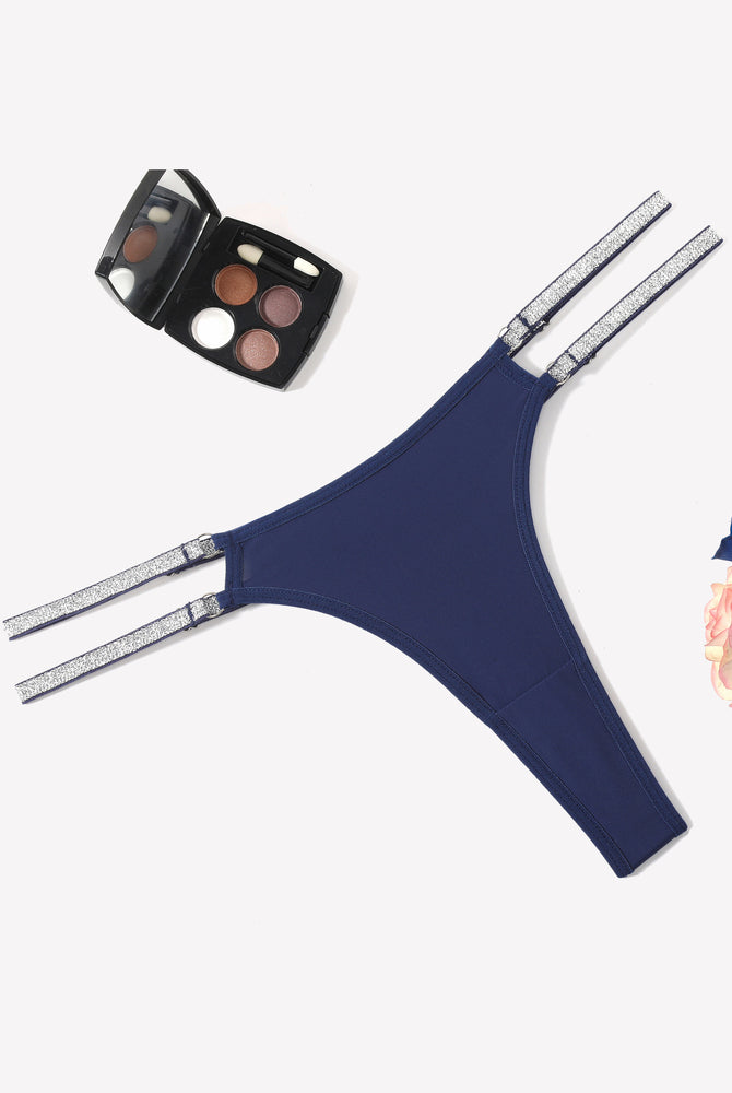 Navy blue low waist Brazilian tanga panties with flashing strap details, sexy lingerie