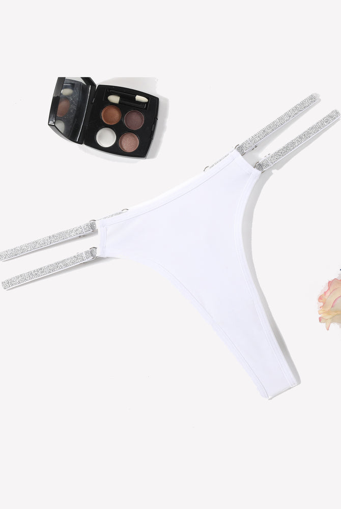 White low waist Brazilian tanga panties with flashing strap details. Sexy lingerie.