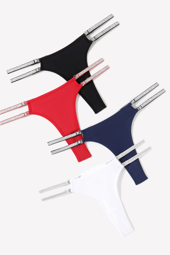 Low Waist Brazilian Tanga Panties in Black, Red, Navy, and White with Flashing Strap Details