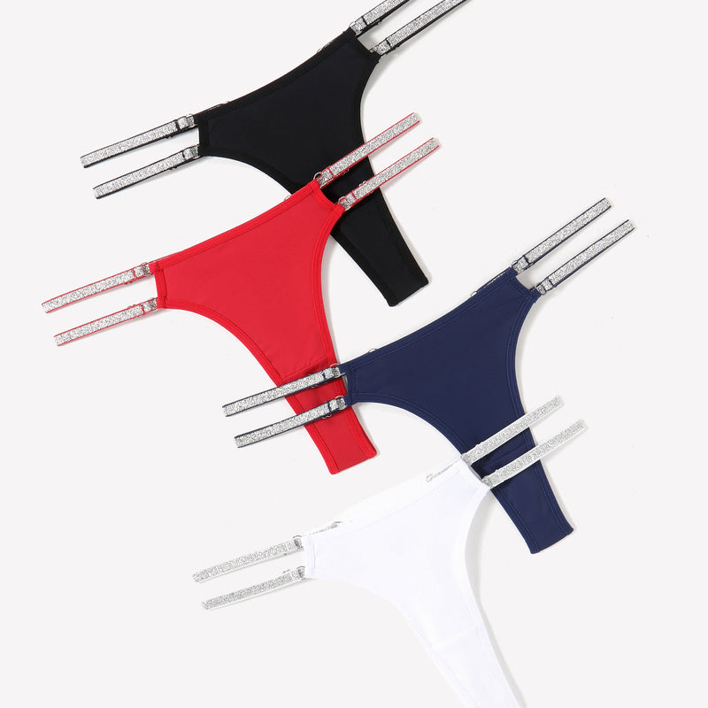 Low Waist Brazilian Tanga Panties in Black, Red, Navy, and White with Flashing Strap Details