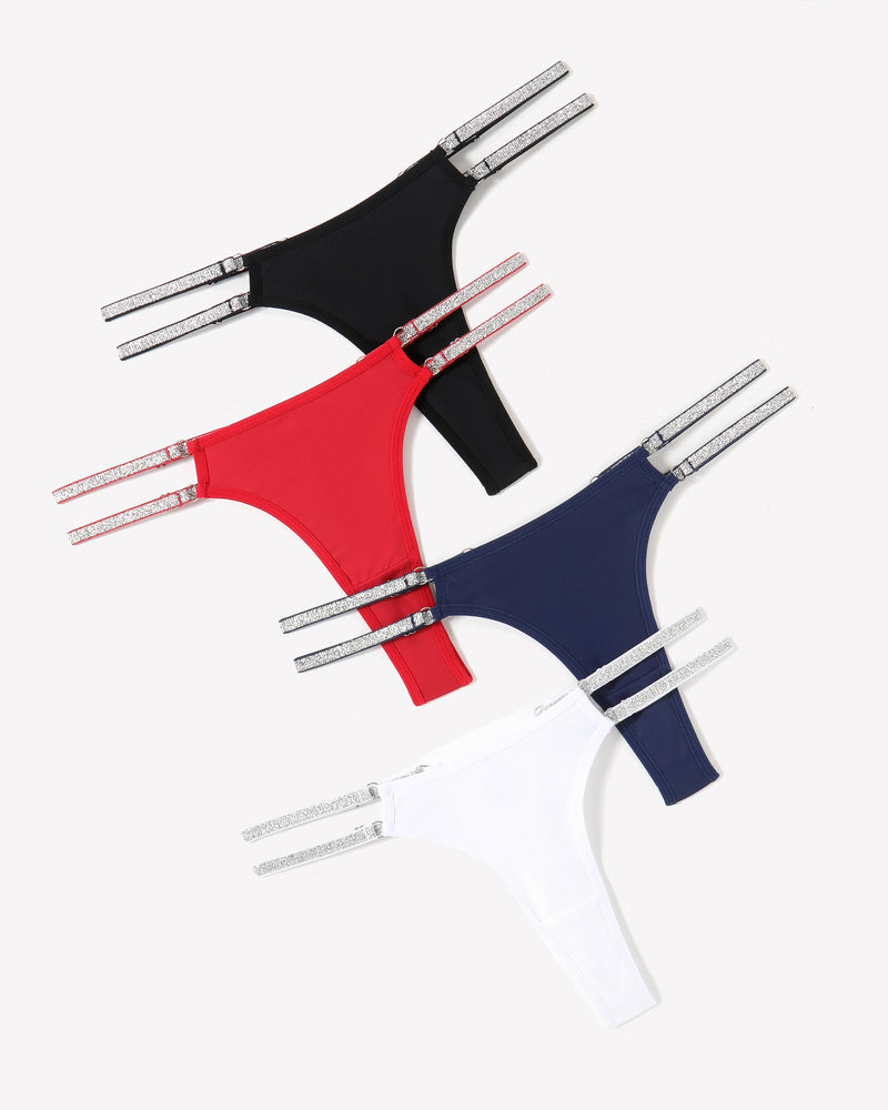 Low Waist Brazilian Tanga Panties in Black, Red, Navy, and White with Flashing Strap Details