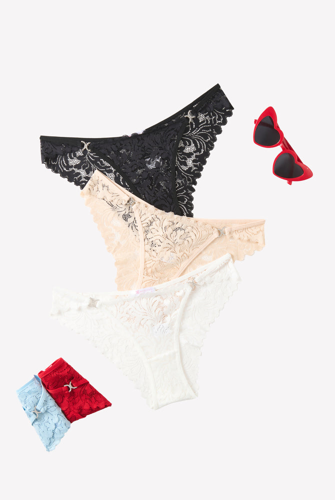 Low-rise lace cheeky underpants assorted colors: black, beige, white, light blue, red