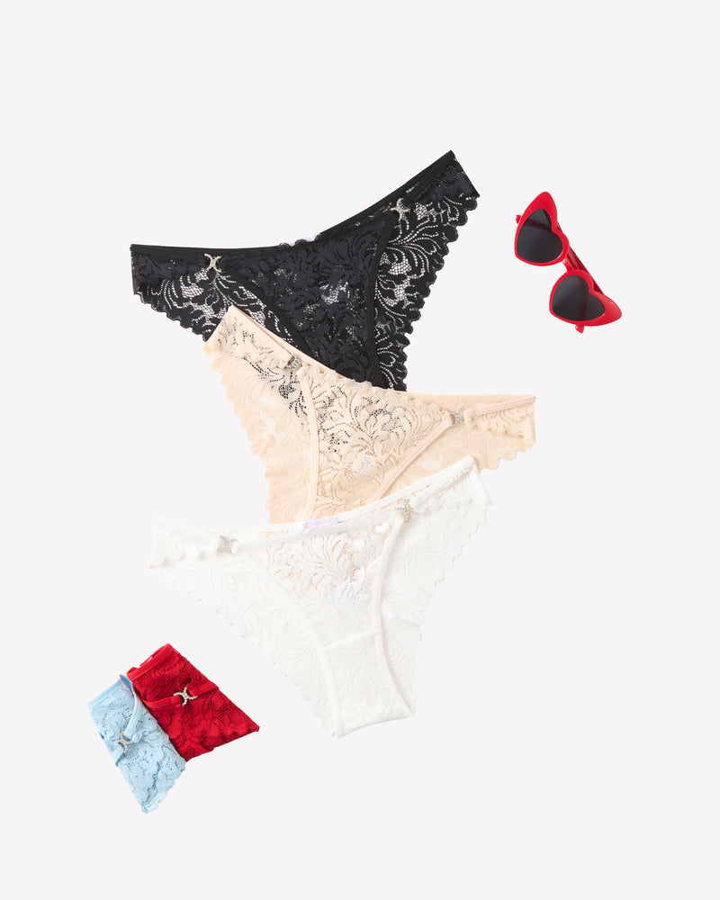 Lace low rise tanga cheeky underpants in black, beige, and white, soft and breathable